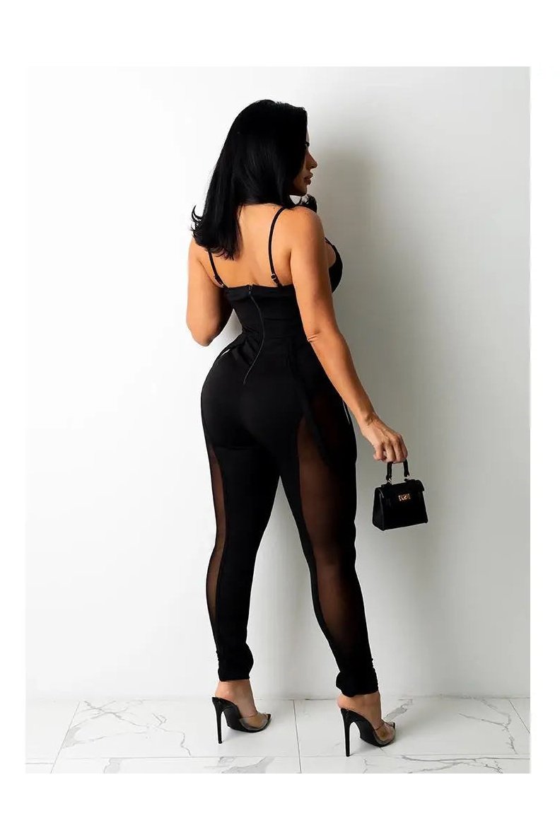 Women's Spaghetti Strap Mesh Bustier Cami Bodycon Jumpsuit