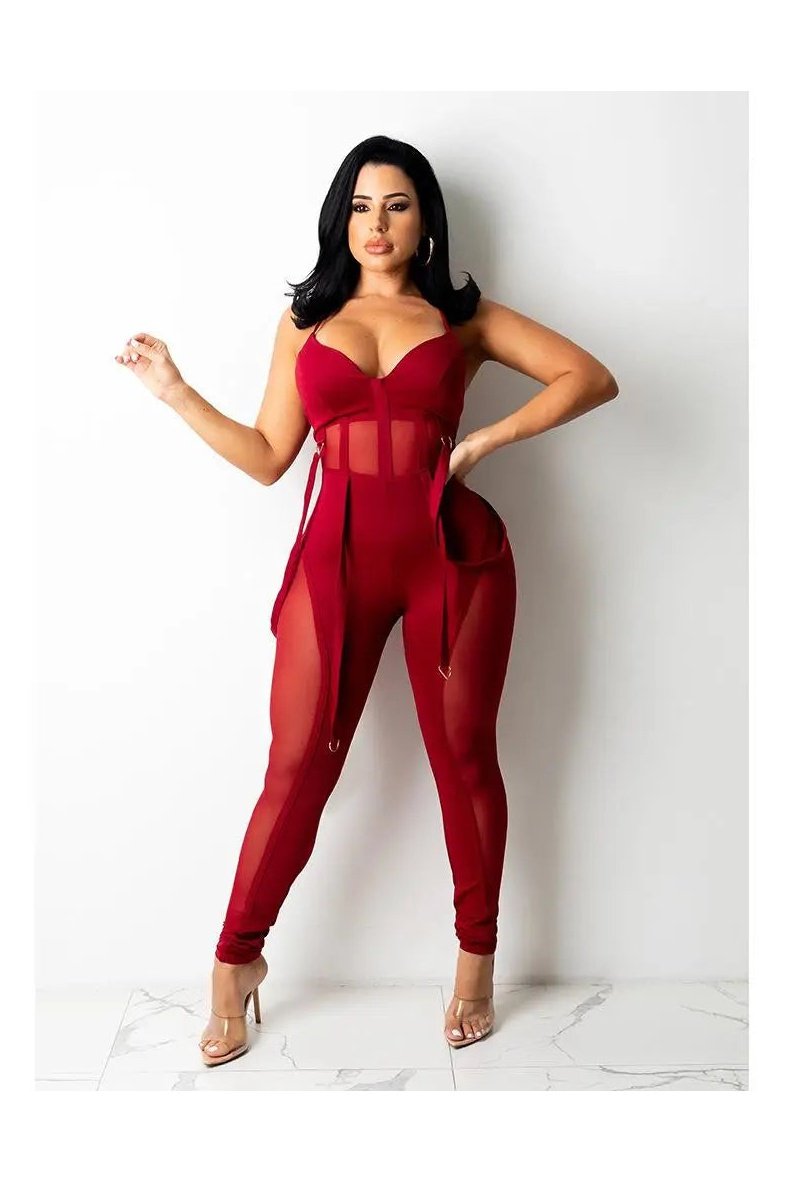 Women's Spaghetti Strap Mesh Bustier Cami Bodycon Jumpsuit