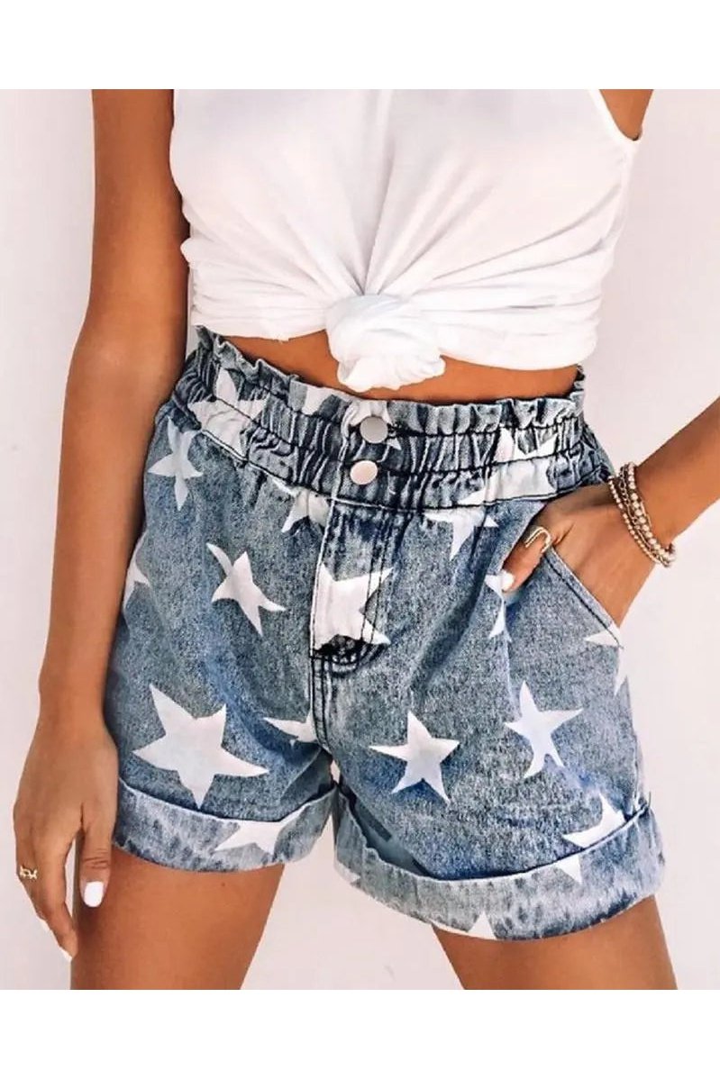 Women's Star Print Paperbag Waist Rolled Hem Denim Shorts