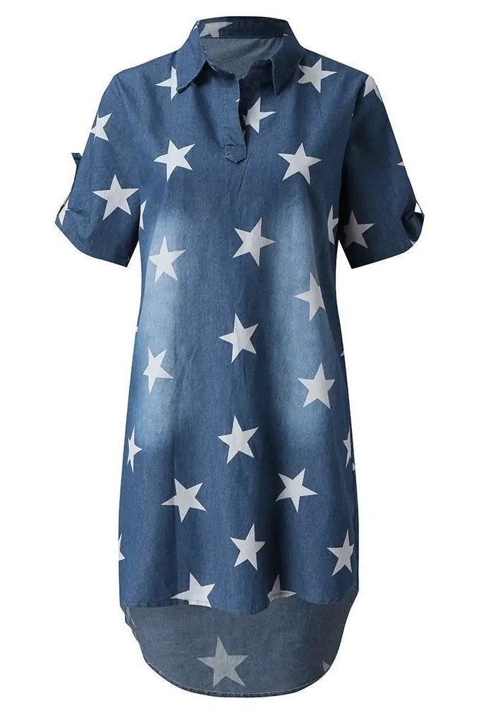 Women's Star Print Rolled Up Sleeve Notch Neck Denim Tunic Dress