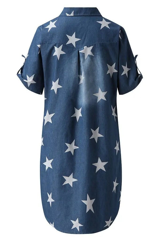 Women's Star Print Rolled Up Sleeve Notch Neck Denim Tunic Dress