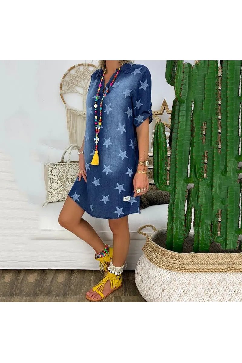 Women's Star Print Rolled Up Sleeve Notch Neck Denim Tunic Dress