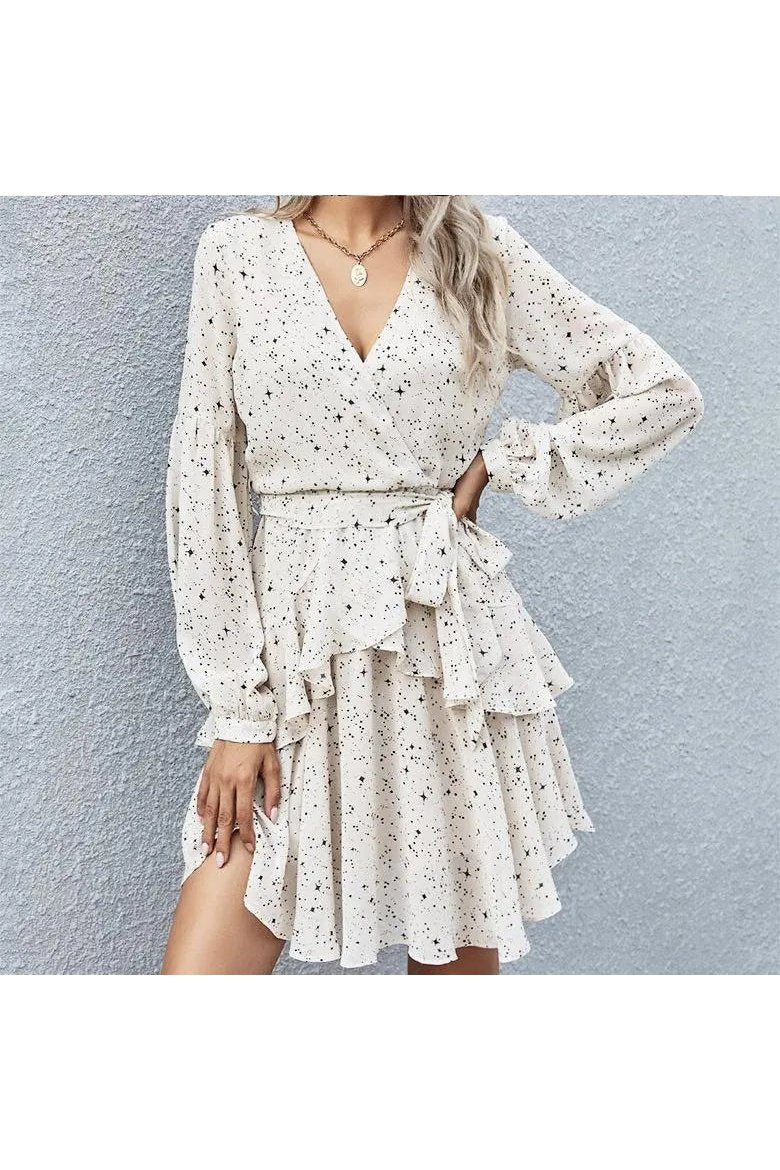 Women's Star Print Surplice V Neck Belted Ruffle A Line Mini Dress