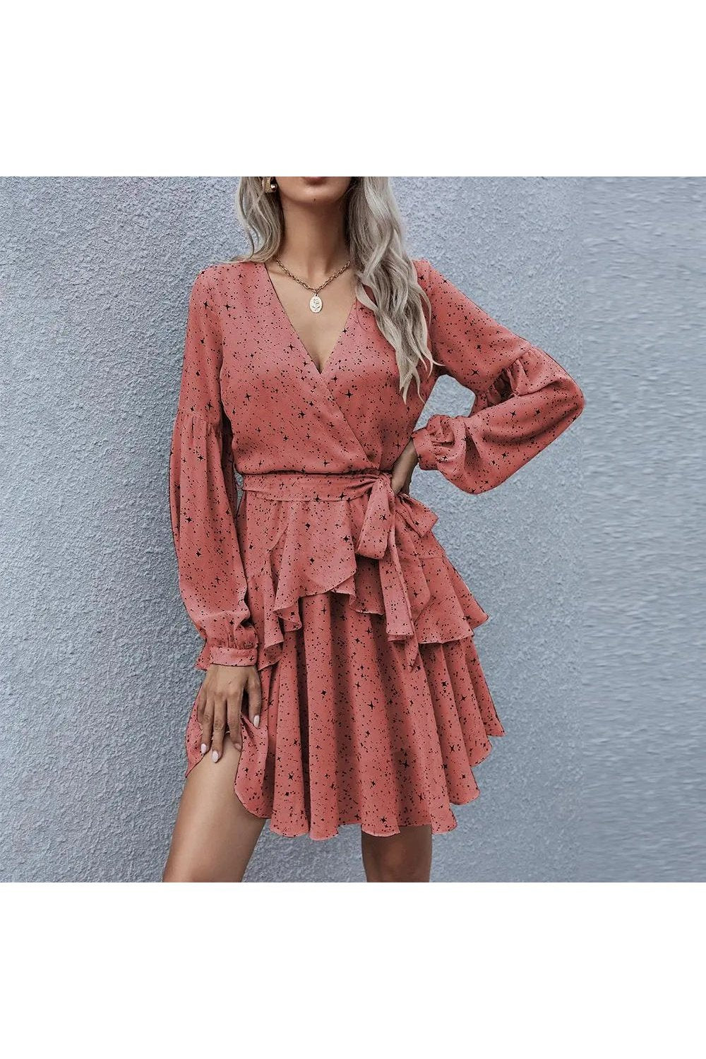 Women's Star Print Surplice V Neck Belted Ruffle A Line Mini Dress