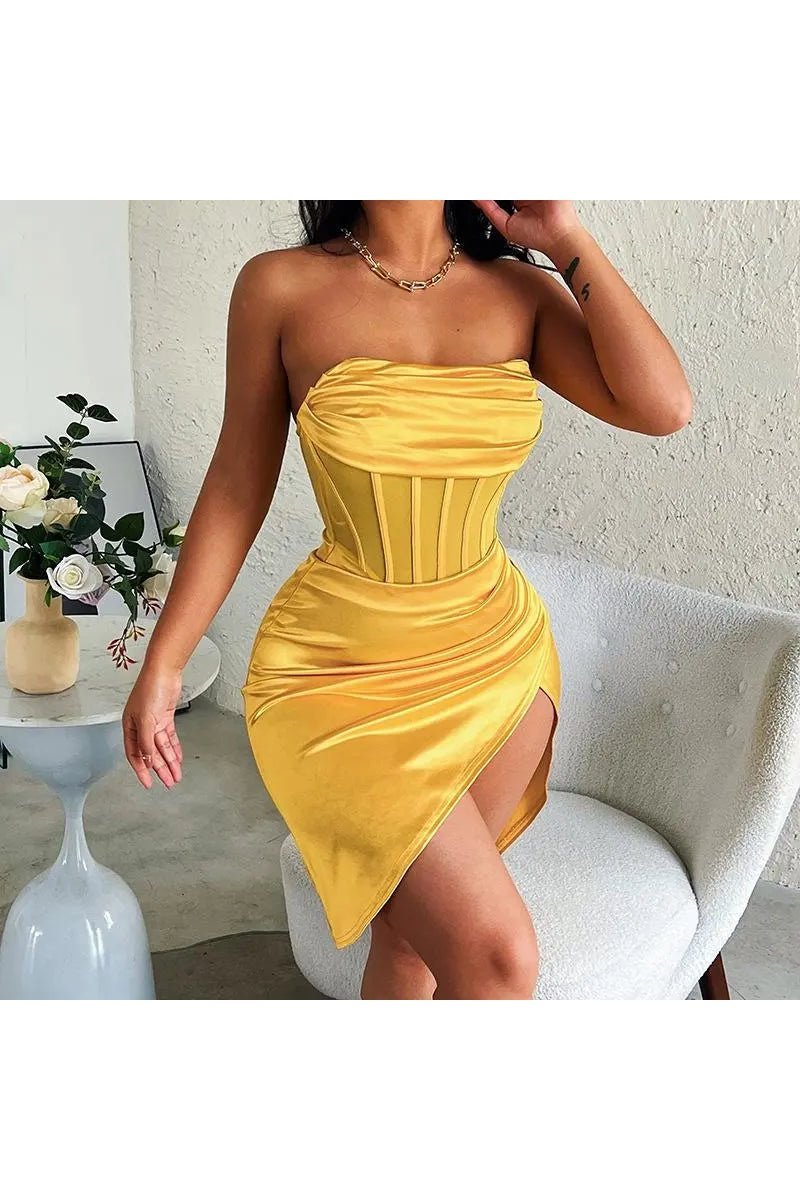 Women's Strapless Asymmetrical Hem Ruched Bandeau Mini Dress