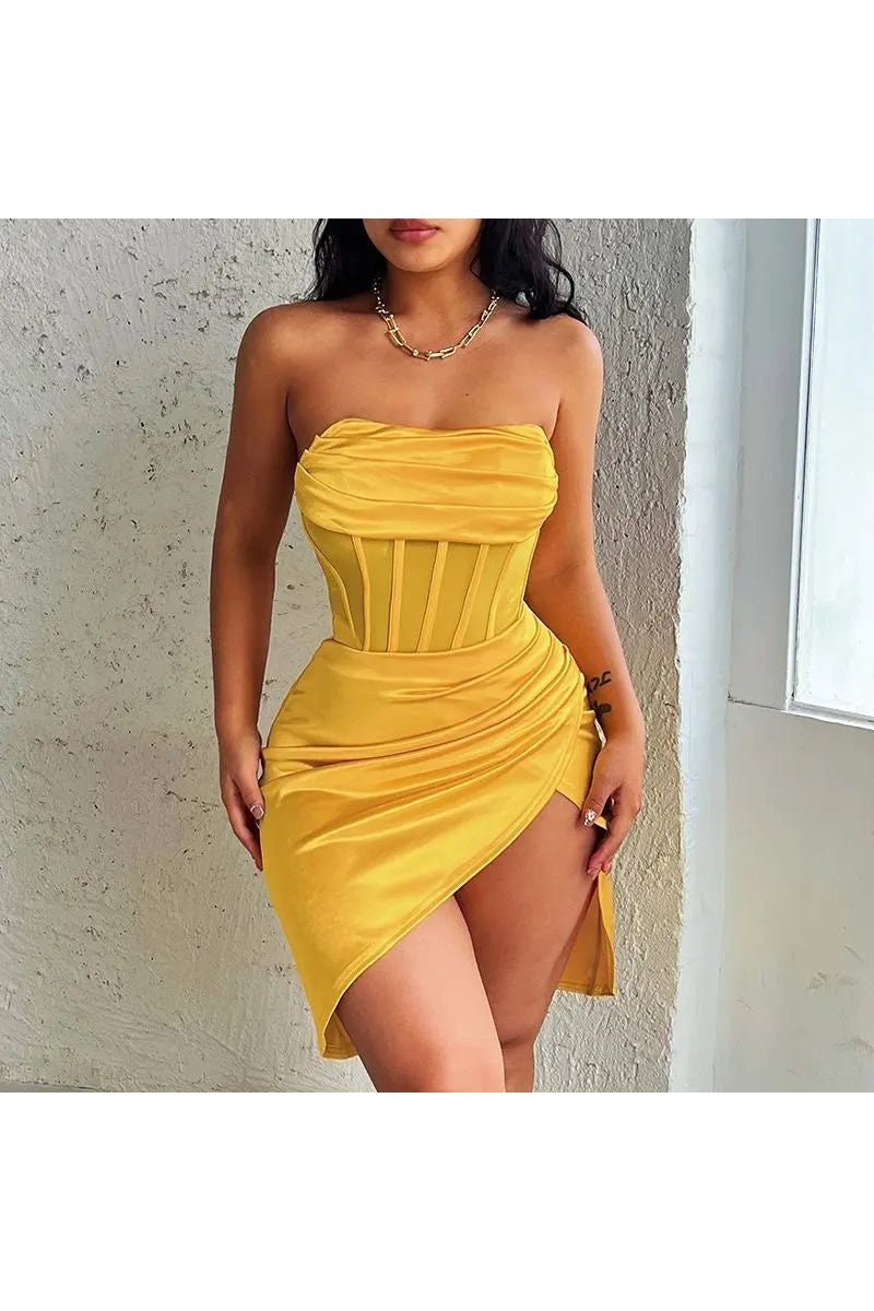 Women's Strapless Asymmetrical Hem Ruched Bandeau Mini Dress