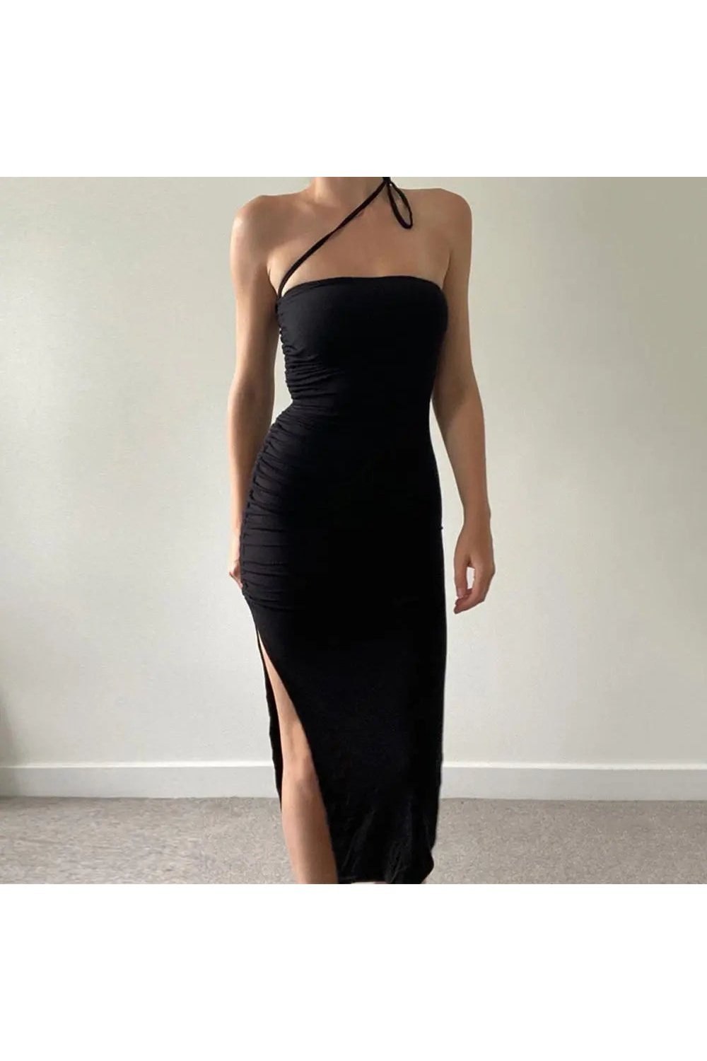 Women's Strapless Halter Neck Ruched Split Midi Bodycon Dress