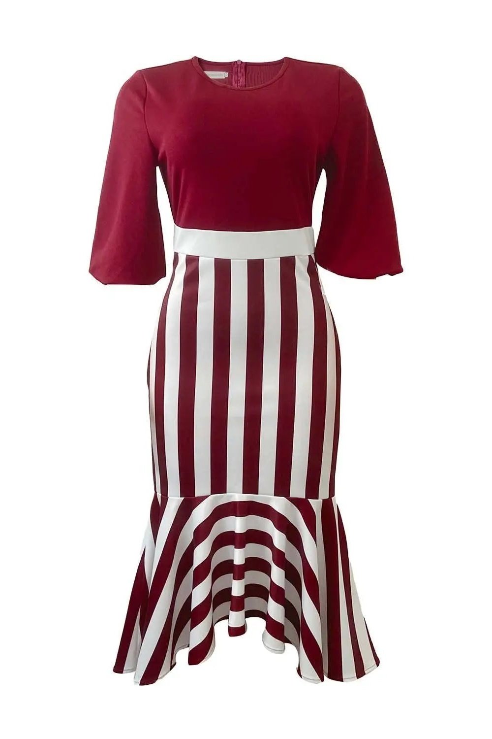 Women's Striped 3/4 Lantern Sleeve Ruffle Hem Midi Pencil Dress