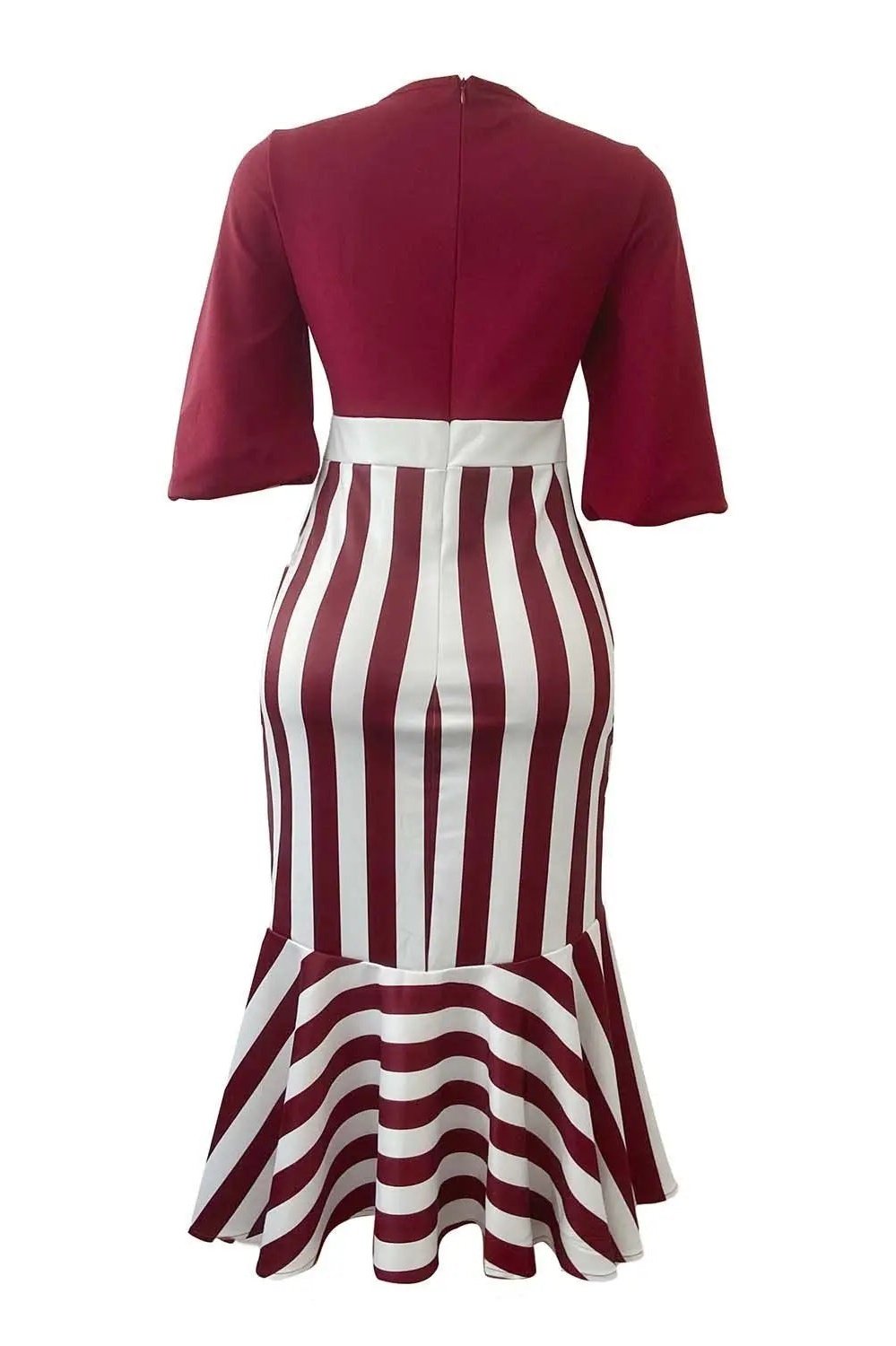 Women's Striped 3/4 Lantern Sleeve Ruffle Hem Midi Pencil Dress