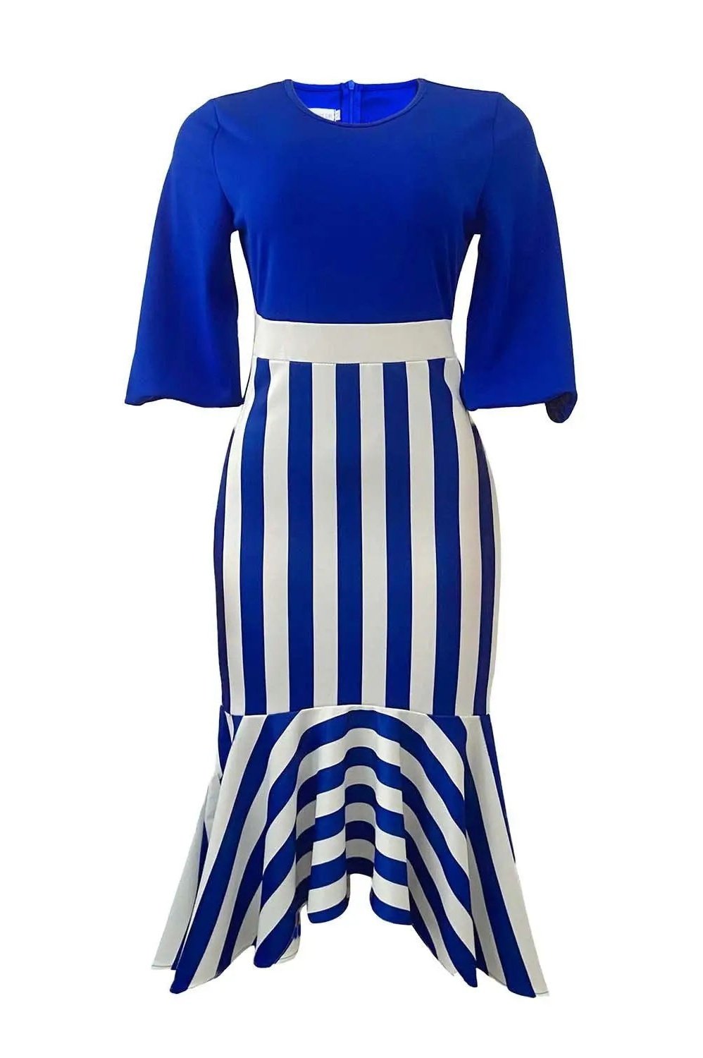 Women's Striped 3/4 Lantern Sleeve Ruffle Hem Midi Pencil Dress