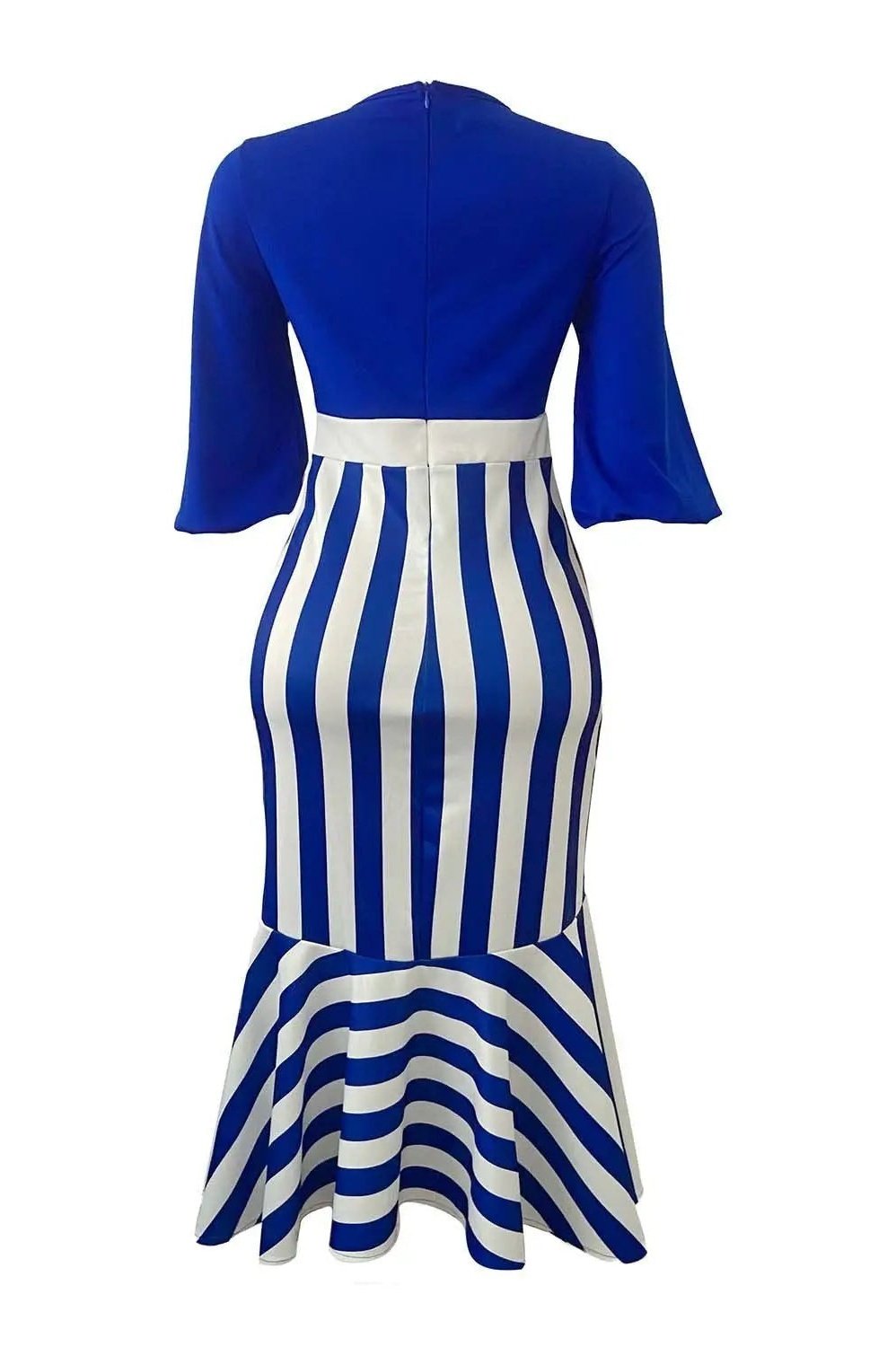 Women's Striped 3/4 Lantern Sleeve Ruffle Hem Midi Pencil Dress