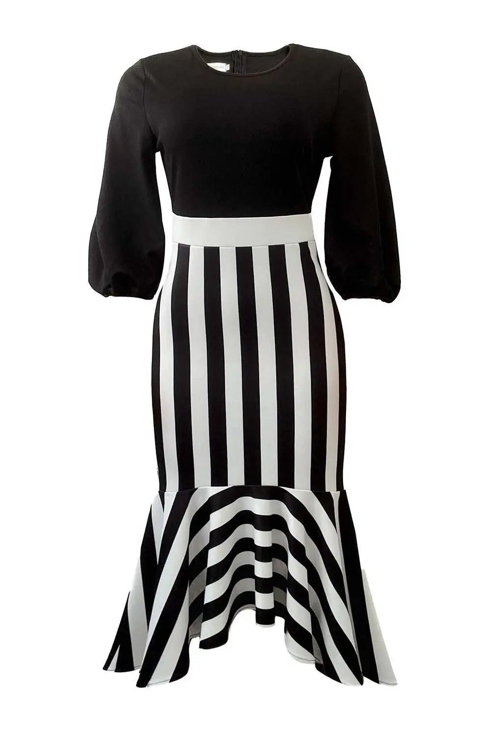 Women's Striped 3/4 Lantern Sleeve Ruffle Hem Midi Pencil Dress