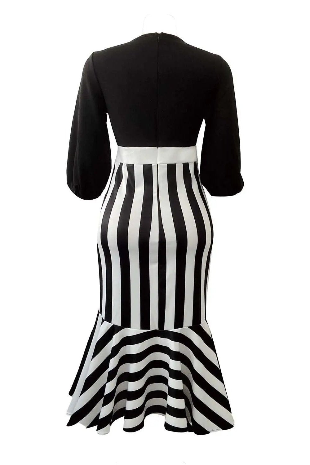 Women's Striped 3/4 Lantern Sleeve Ruffle Hem Midi Pencil Dress