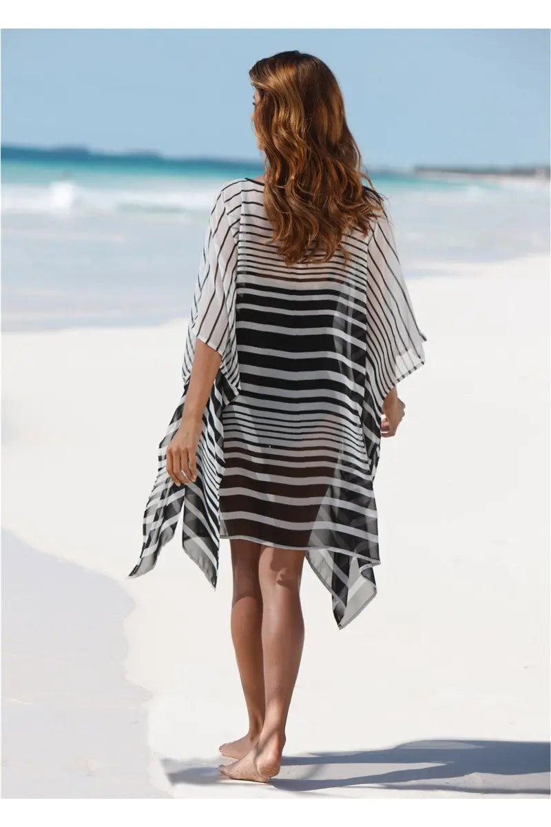 Women's Striped Half Batwing Sleeve Mesh Beach Dress Cover Ups