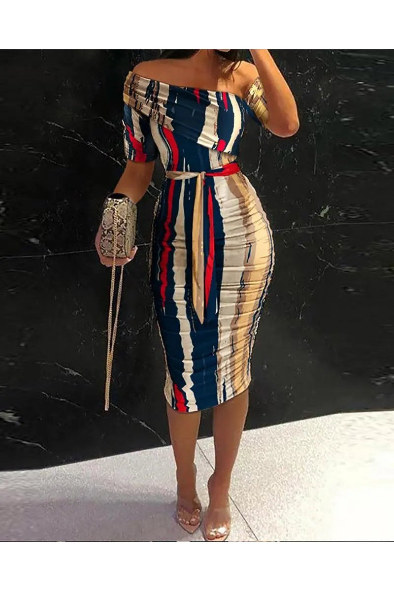 Women's Striped Off The Shoulder Short Sleeve Belted Midi Bodycon Dress