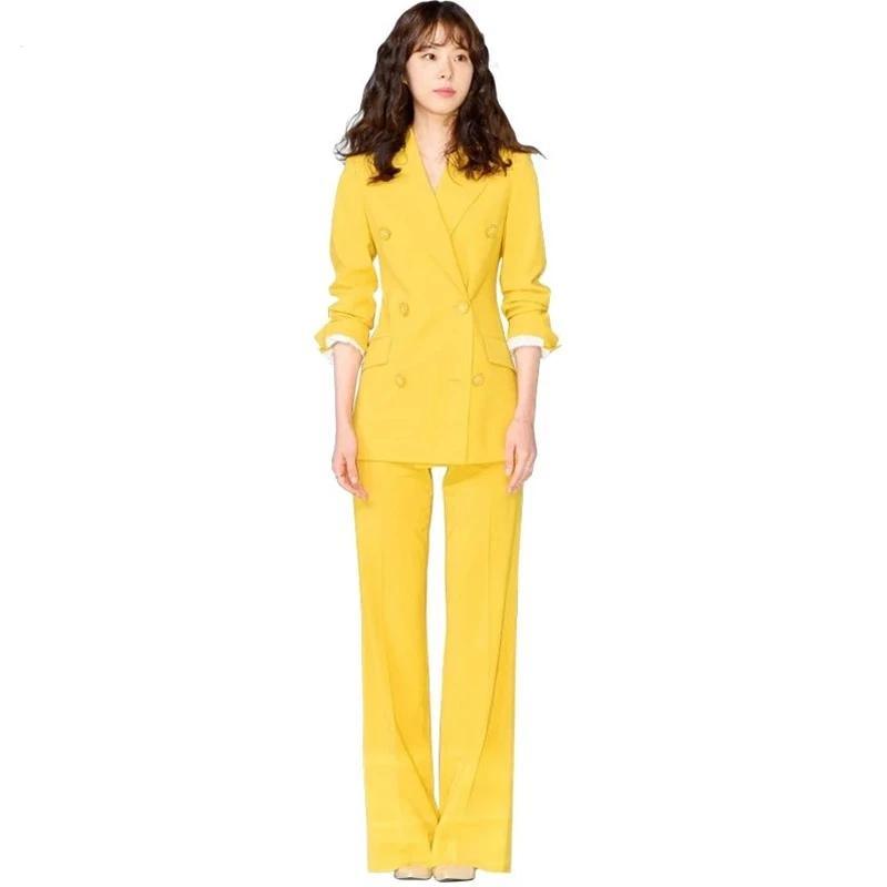 Yellow  Double-Breasted  Elegant Blazer+Wide Leg Pants Two Piece Set