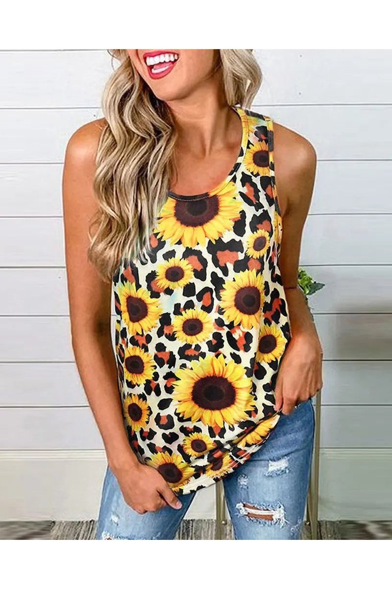 Women's Sunflower Print Twist Back Scoop Neck Tank Tops