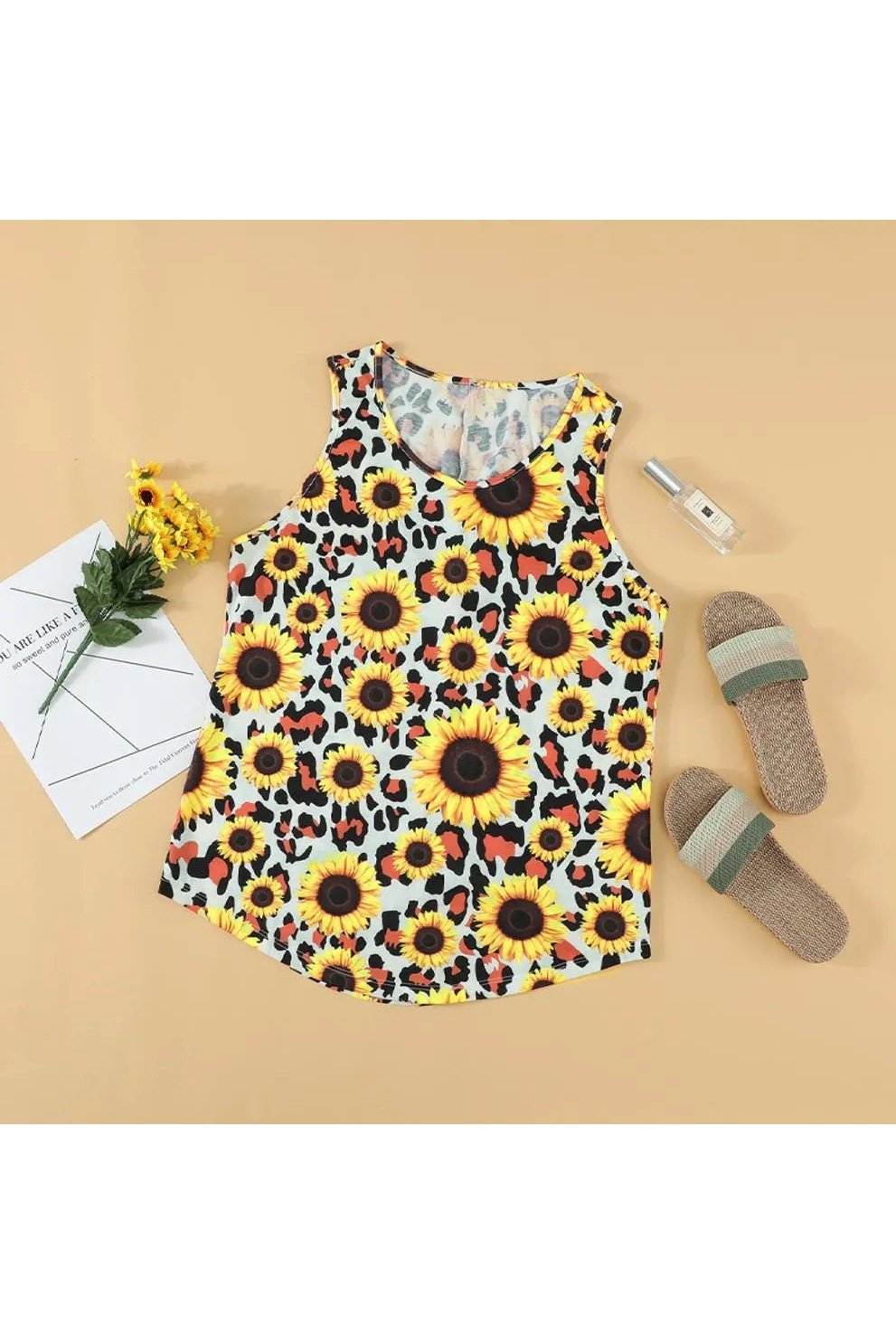 Women's Sunflower Print Twist Back Scoop Neck Tank Tops