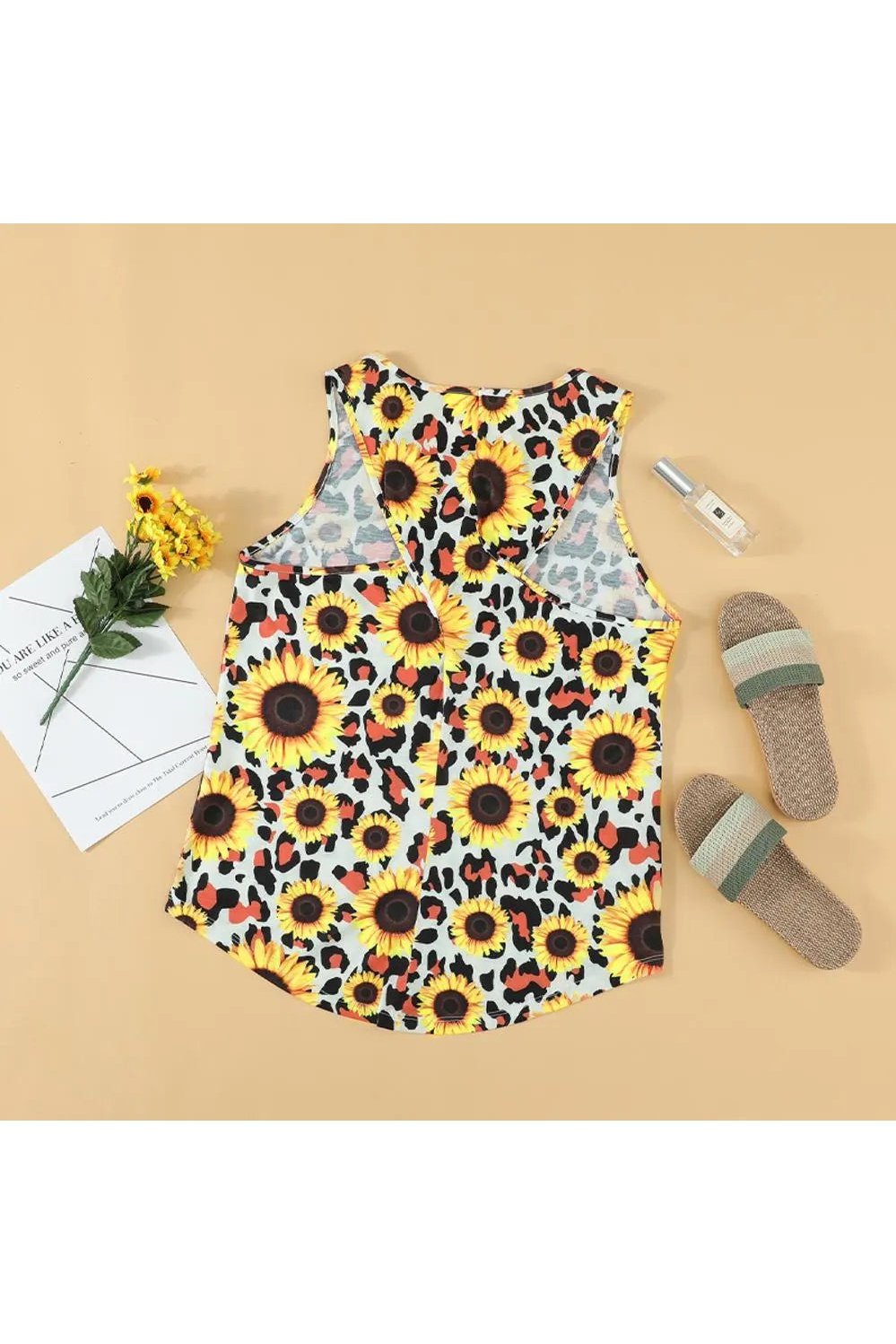 Women's Sunflower Print Twist Back Scoop Neck Tank Tops