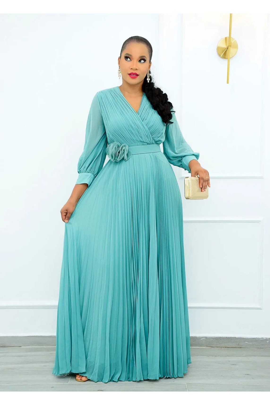 Women's Surplice Lantern Sleeve V Neck Flower Belt Maxi Dress