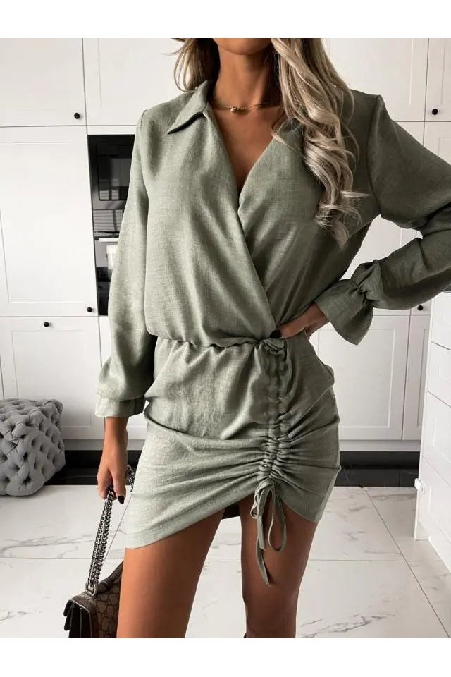 Women's Surpliece V Neck Long Sleeve Drawstring Ruched Mini Dress