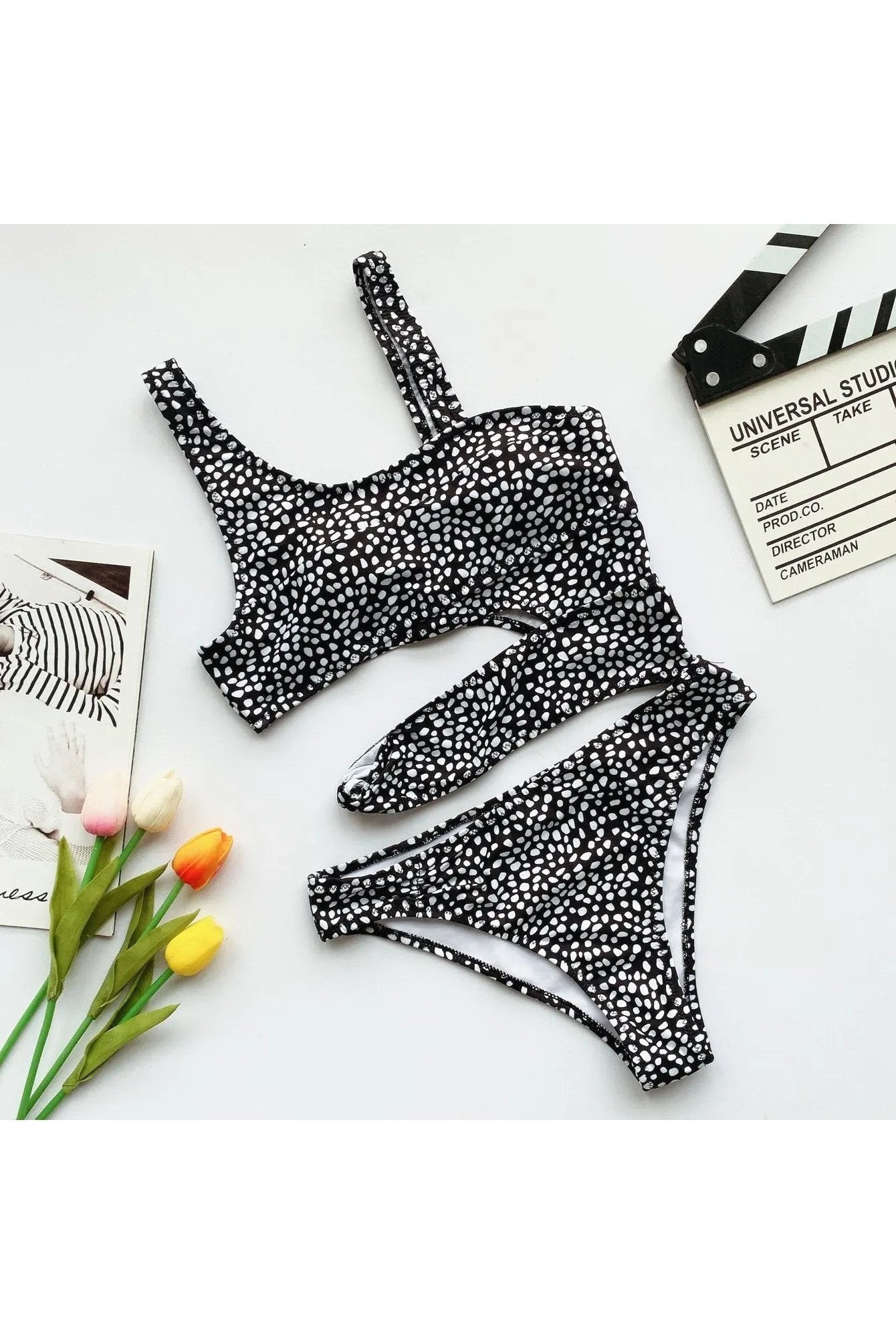 Women's Swiss Dots Cut Out Square Neck One Piece Swimsuit