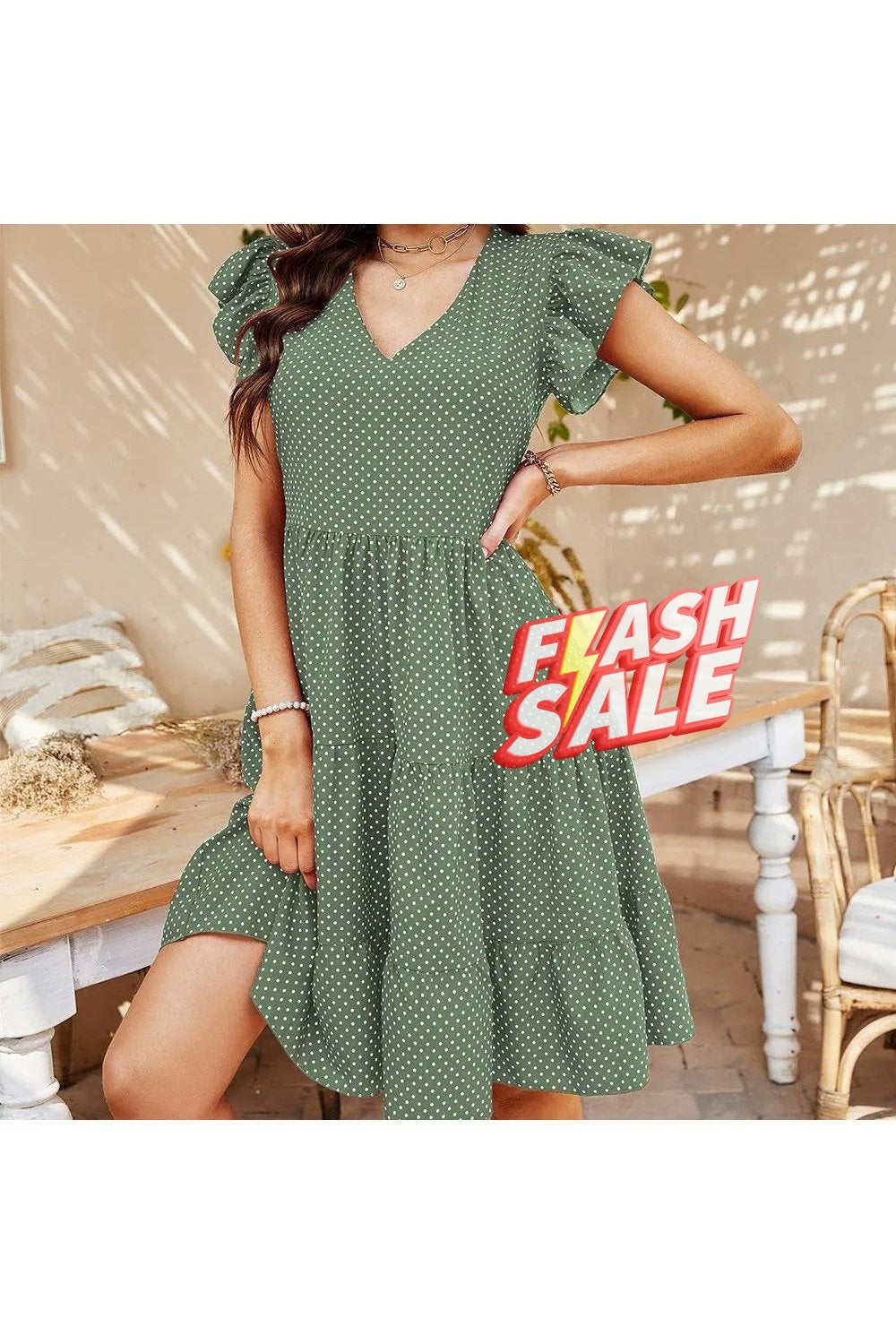 Women's Swiss Dots Ruffle Cap Sleeve V Neck A Line Midi Dress