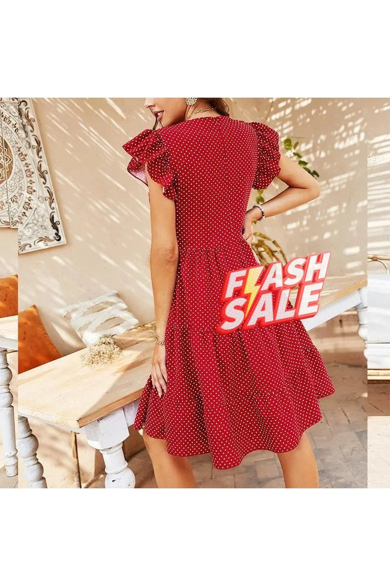 Women's Swiss Dots Ruffle Cap Sleeve V Neck A Line Midi Dress