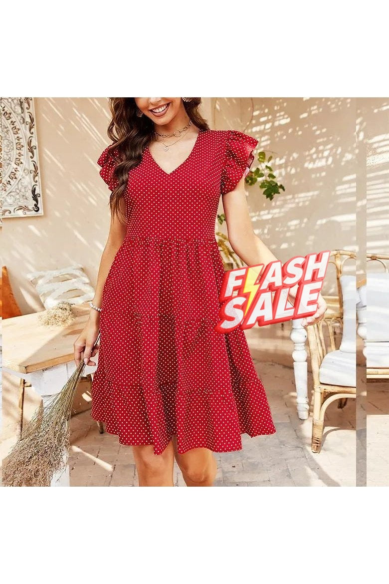 Women's Swiss Dots Ruffle Cap Sleeve V Neck A Line Midi Dress