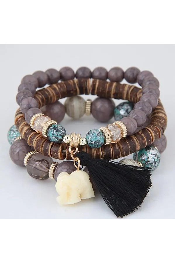 Women's Tassel Wood Beaded Bracelet