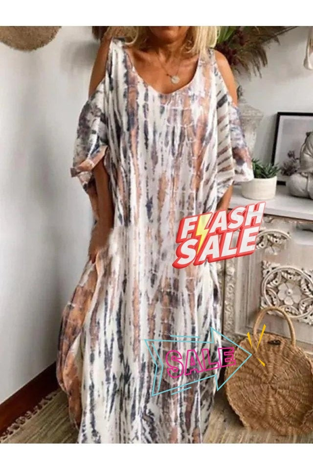 Women's Tie Dye Cold Shoulder Half Sleeve Maxi Dress