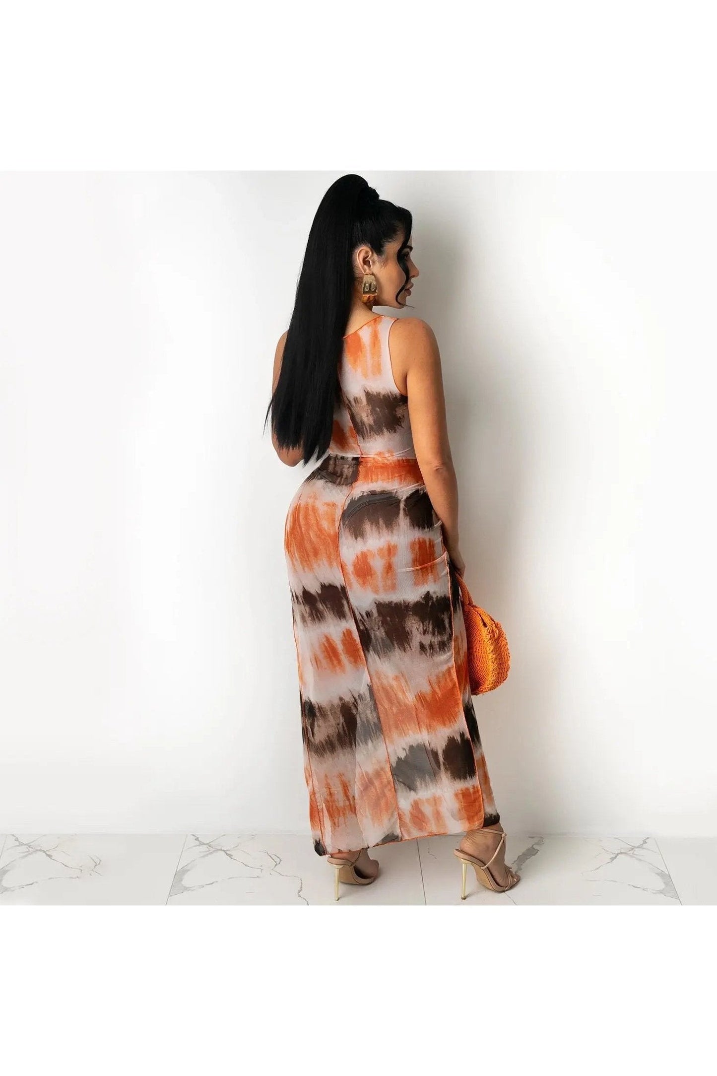 Women's Tie Dye Cut Out Knot Front Mesh Split Maxi Dress