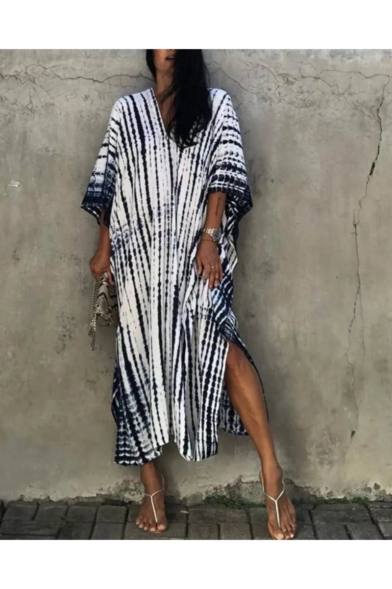 Women's Tie Dye Half Batwing Sleeve V Neck Loose Beach Dress Cover Ups