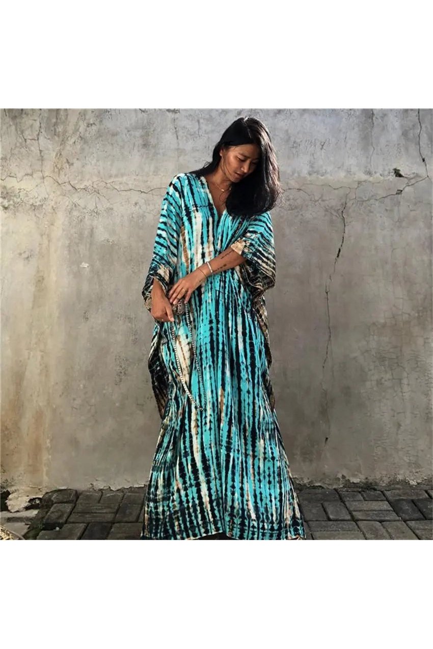 Women's Tie Dye Half Batwing Sleeve V Neck Loose Beach Dress Cover Ups