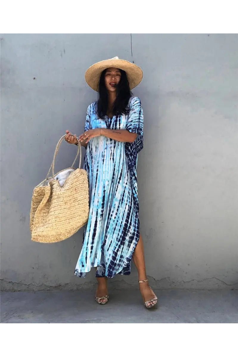 Women's Tie Dye Half Batwing Sleeve V Neck Loose Beach Dress Cover Ups