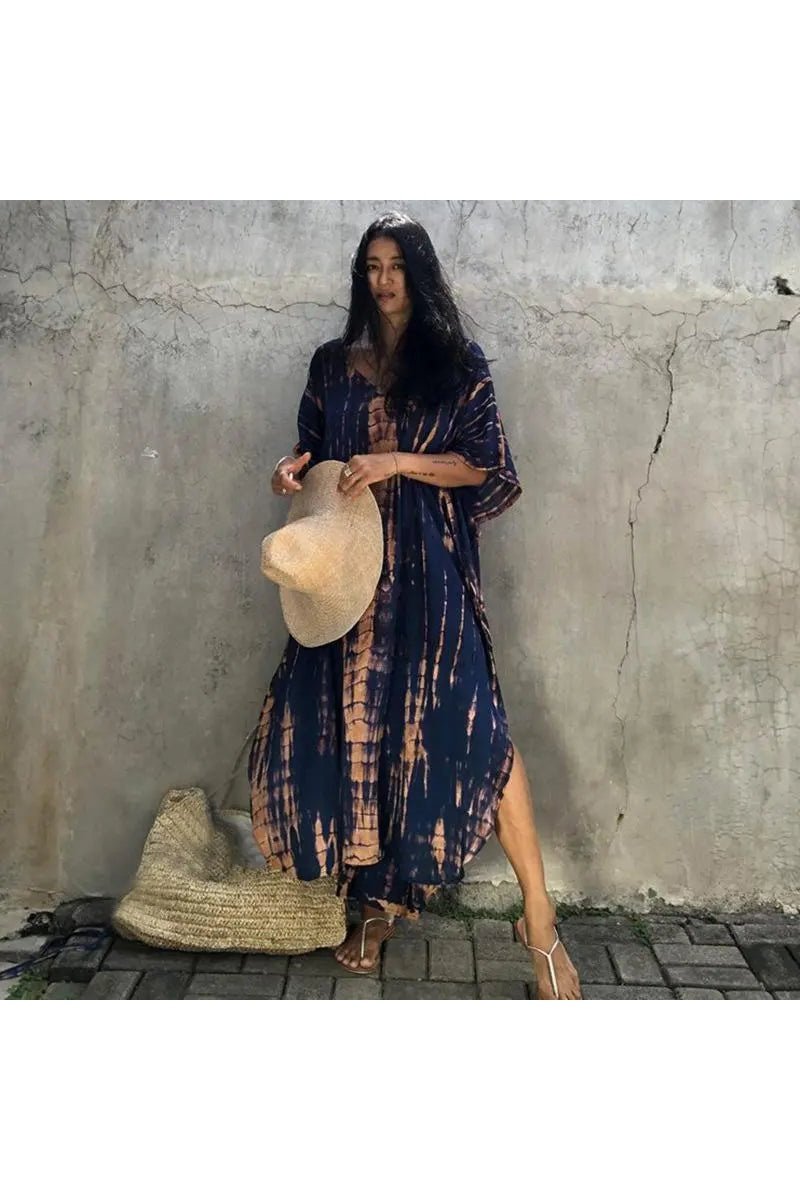 Women's Tie Dye Half Batwing Sleeve V Neck Loose Beach Dress Cover Ups