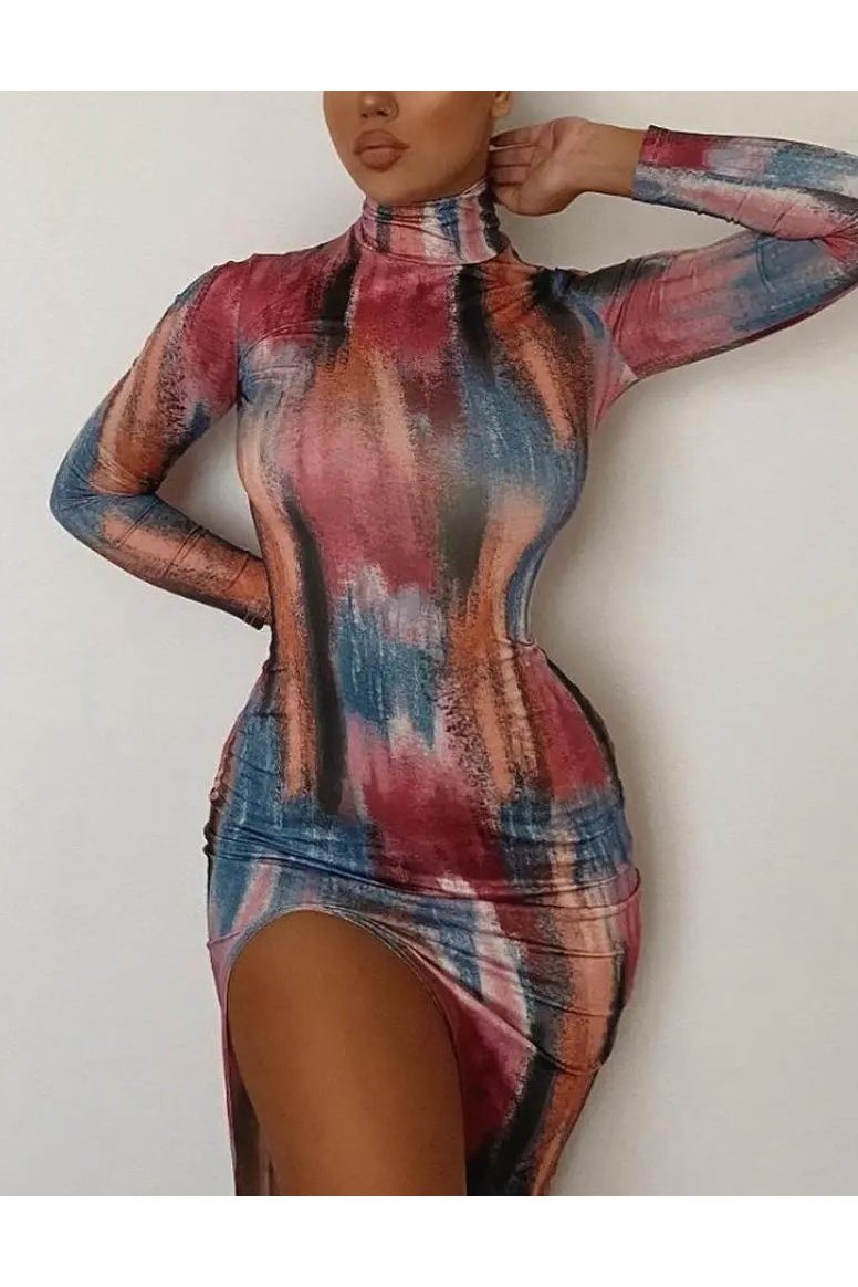 Women's Tie Dye Long Sleeve High Neck Split Maxi Bodycon Dress