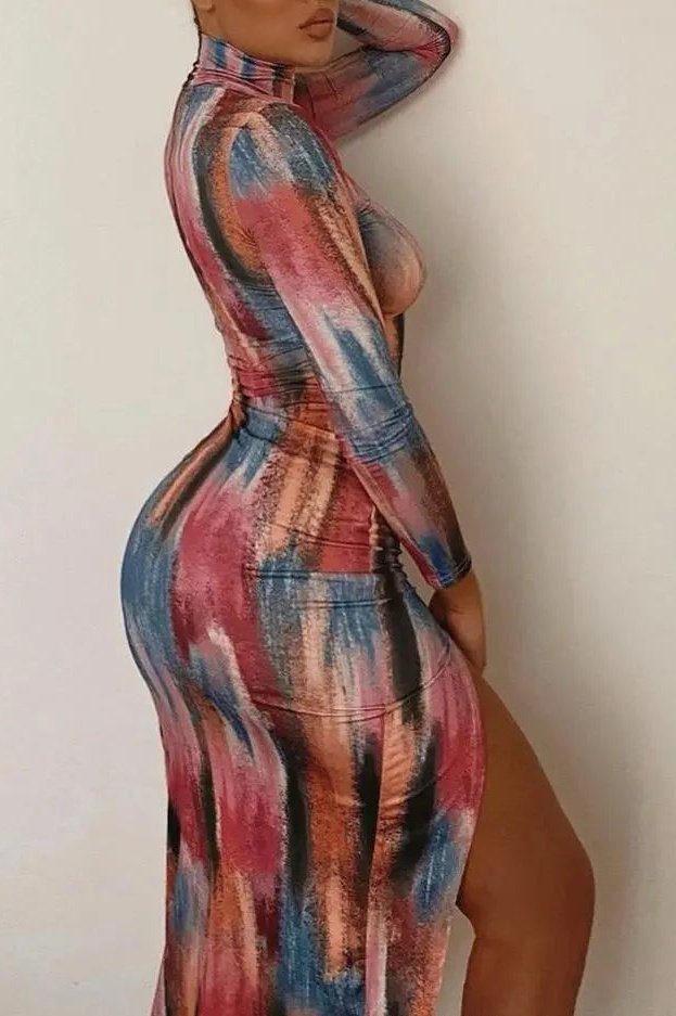 Women's Tie Dye Long Sleeve High Neck Split Maxi Bodycon Dress