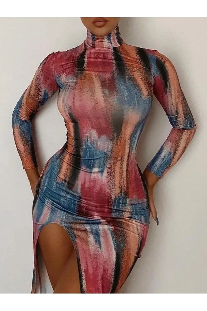 Women's Tie Dye Long Sleeve High Neck Split Maxi Bodycon Dress