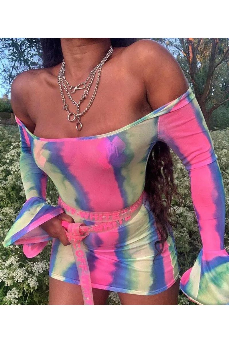 Women's Tie Dye Off The Shoulder Flounce Sleeve Mini Bodycon Dress