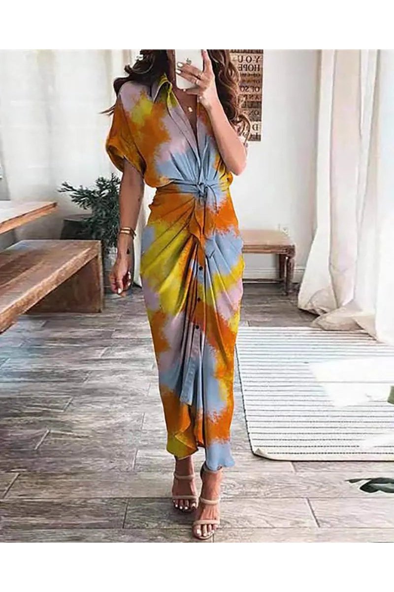 Women's Tie Dye Short Sleeve Belted Button Down Maxi Shirt Dress