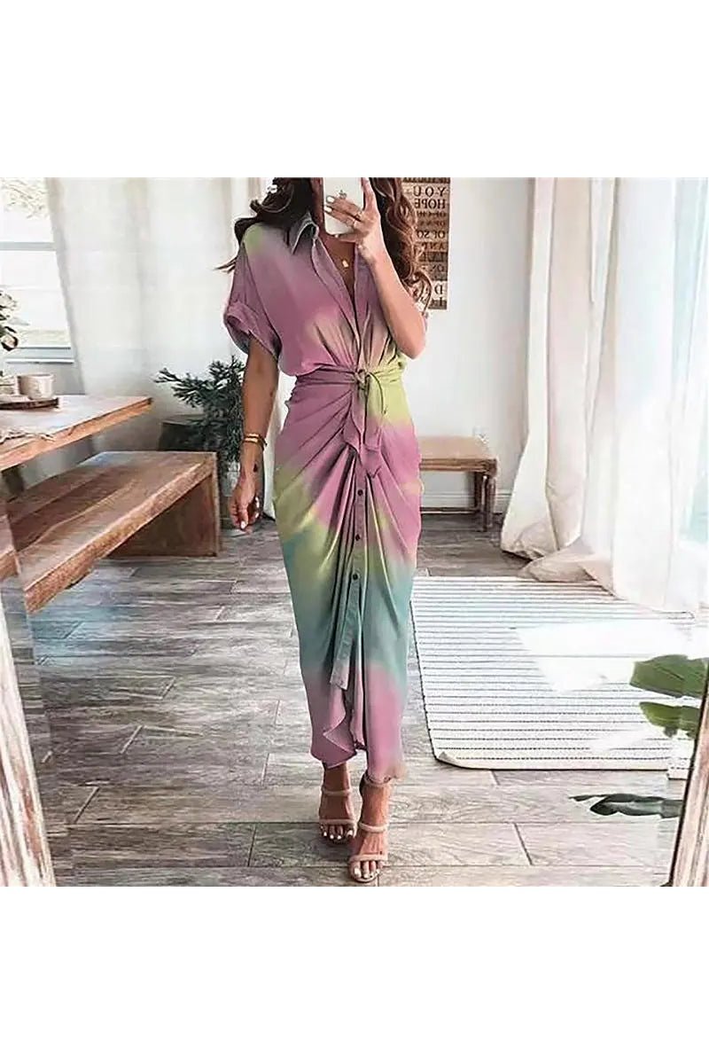 Women's Tie Dye Short Sleeve Belted Button Down Maxi Shirt Dress