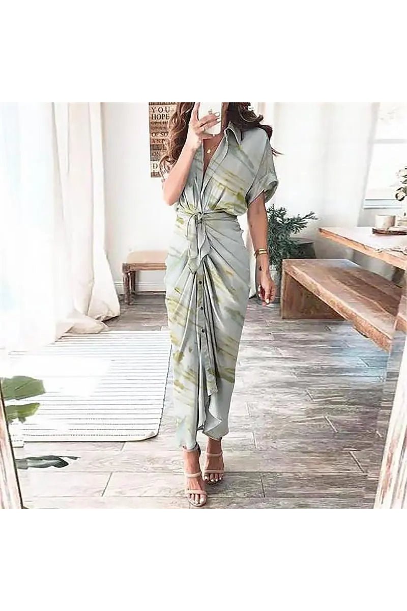 Women's Tie Dye Short Sleeve Belted Button Down Maxi Shirt Dress