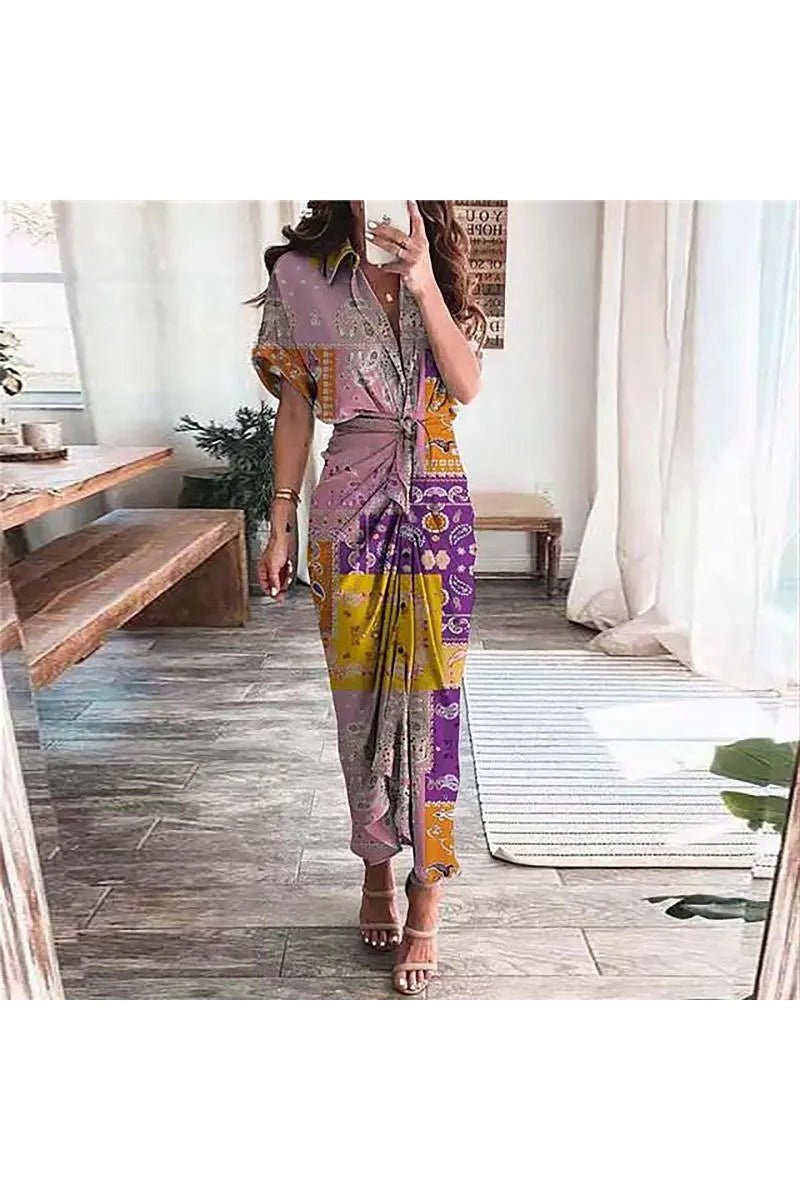 Women's Tie Dye Short Sleeve Belted Button Down Maxi Shirt Dress