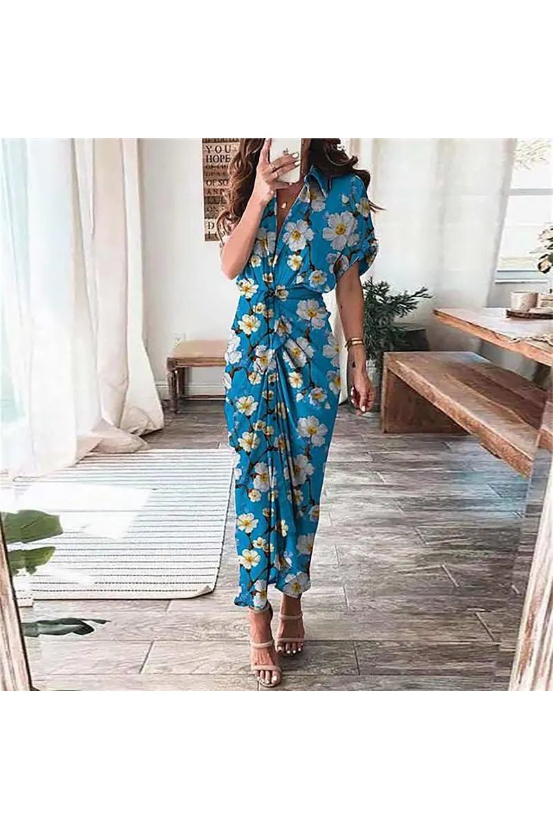 Women's Tie Dye Short Sleeve Belted Button Down Maxi Shirt Dress