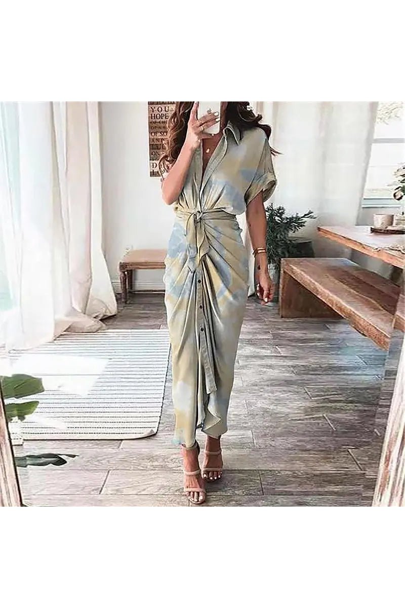 Women's Tie Dye Short Sleeve Belted Button Down Maxi Shirt Dress