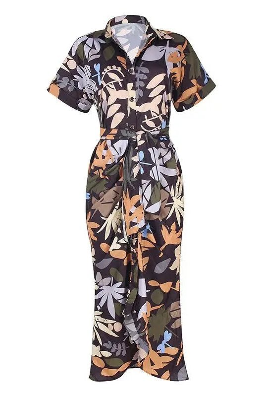 Women's Tie Dye Short Sleeve Belted Button Down Maxi Shirt Dress