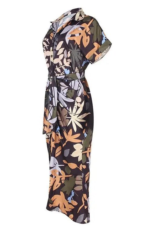 Women's Tie Dye Short Sleeve Belted Button Down Maxi Shirt Dress