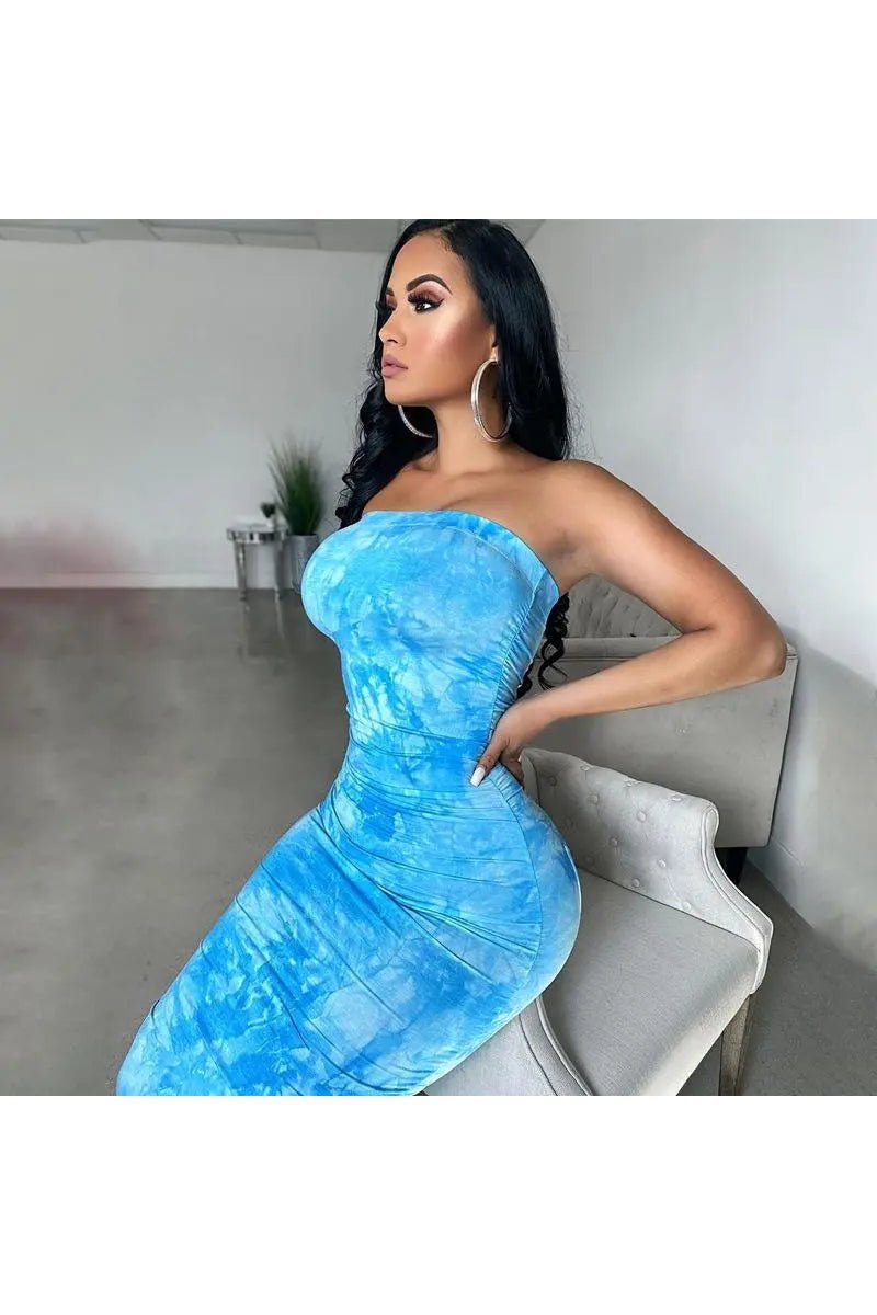 Women's Tie Dye Strapless Ruched Bandeau Maxi Bodycon Dress