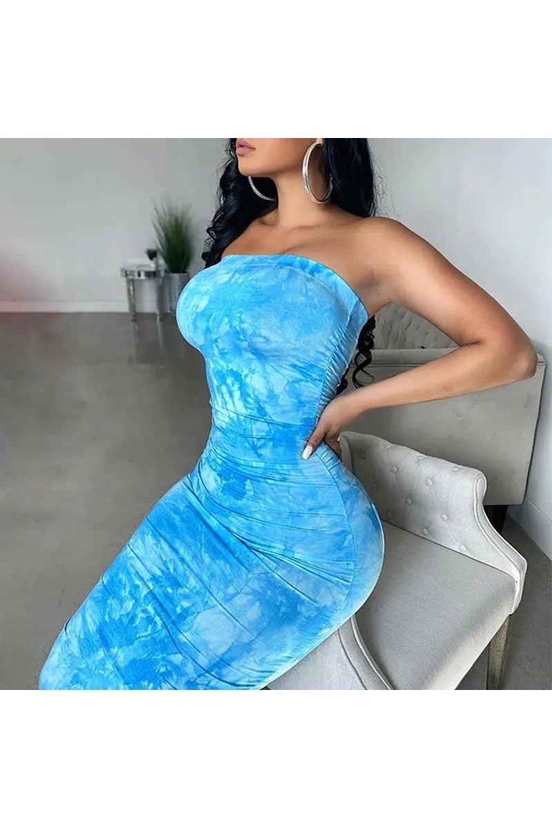 Women's Tie Dye Strapless Ruched Bandeau Maxi Bodycon Dress